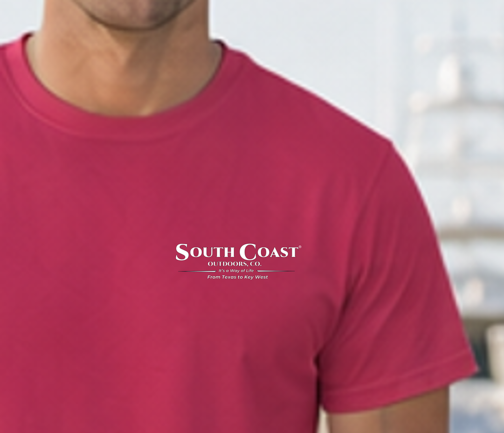 Deep pink crewneck T-shirt with small South Coast Outdoors logo on left chest.