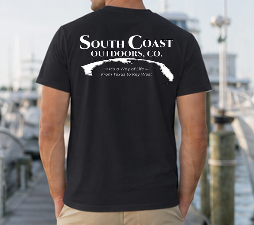 Black coastal graphic T-shirt with centered back logo map print