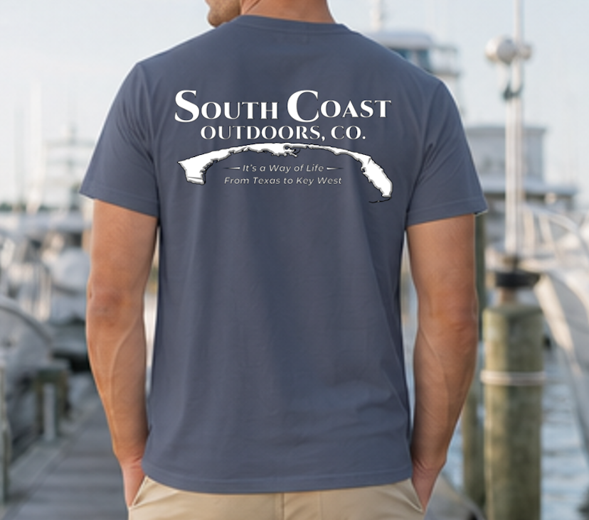 Navy coastal graphic T-shirt back view with map outline graphic