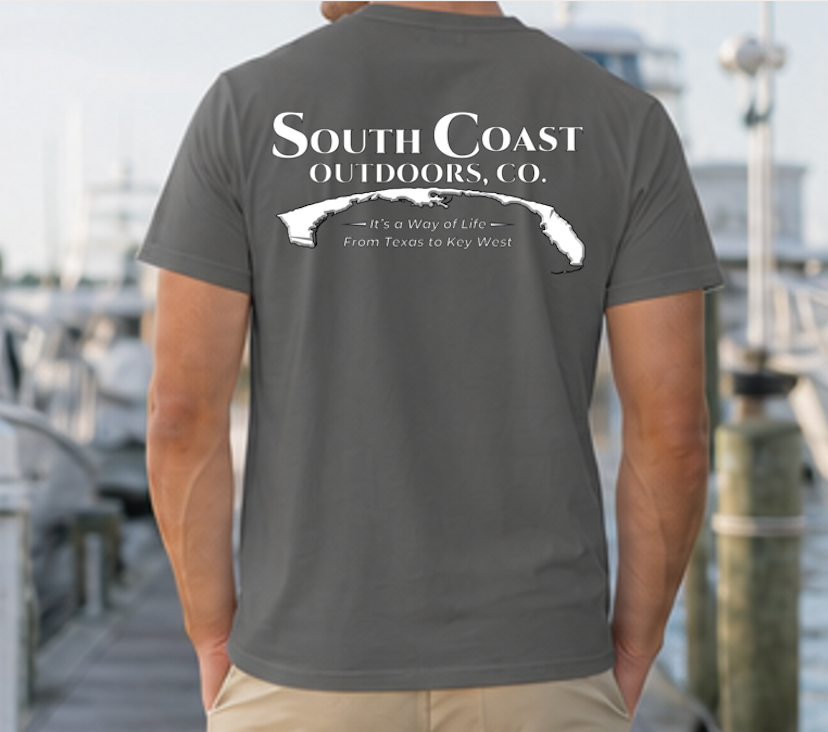 Graphite gray coastal graphic T-shirt with back print map and slogan