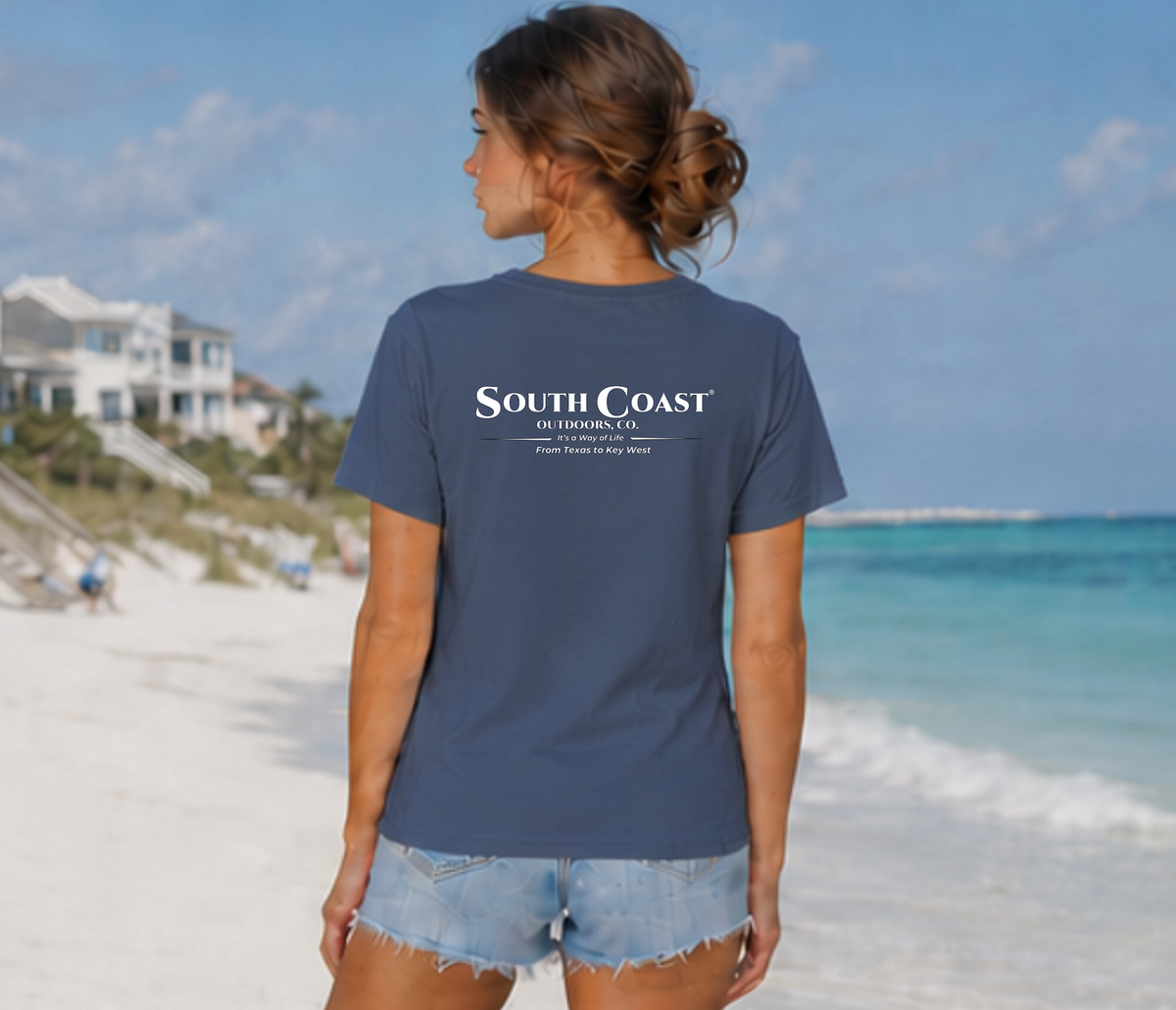 Navy short-sleeve T-shirt with centered South Coast logo on back