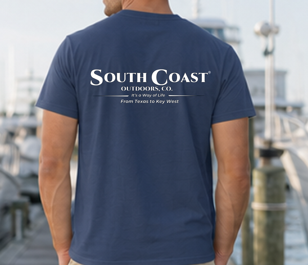 Navy short-sleeve T-shirt with South Coast logo on back
