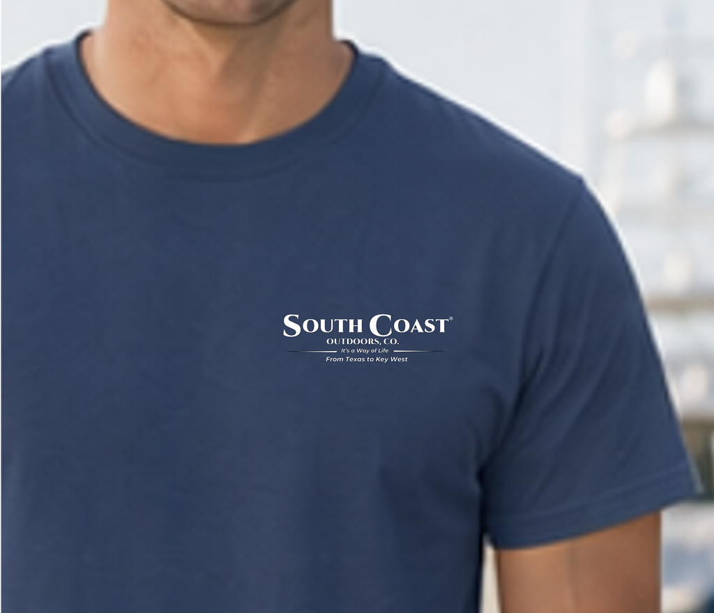 Navy short-sleeve T-shirt with small South Coast logo on chest
