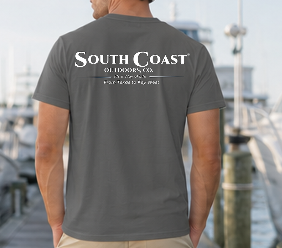 Graphite gray logo t-shirt with large back print and crew neck