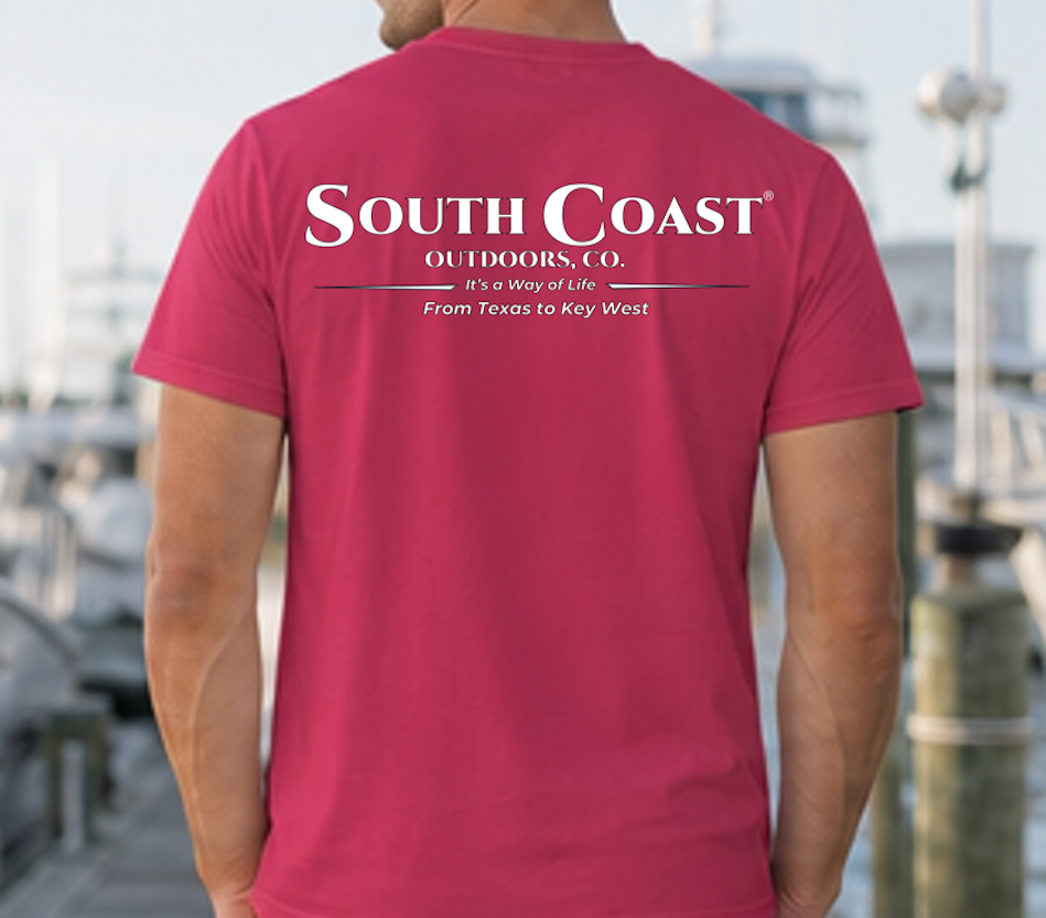 Red/maroon logo t-shirt with large back print and crew neck