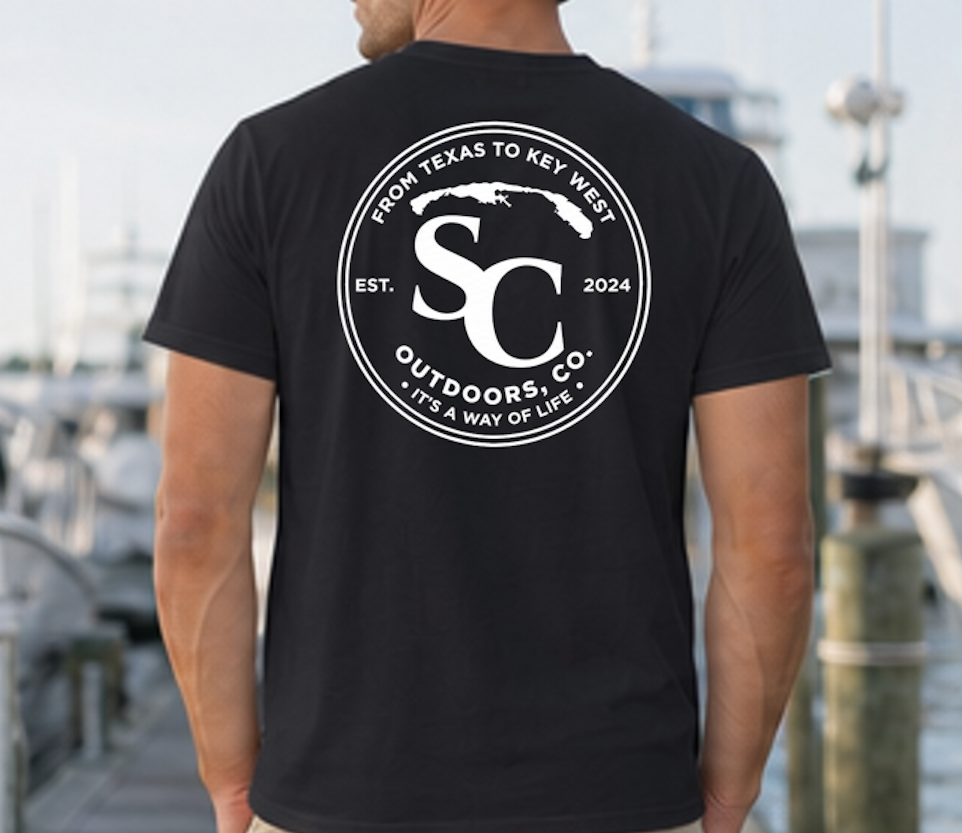 Black circle badge t-shirt with large back SC Outdoors logo
