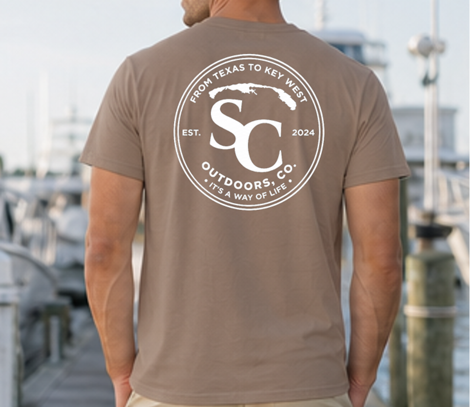 Espresso brown circle badge t-shirt with large back SC Outdoors logo