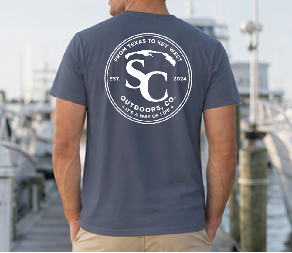 True navy blue circle badge t-shirt with large back SC Outdoors logo