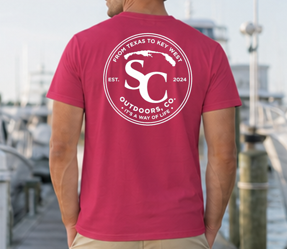 Red circle badge t-shirt with large back SC Outdoors logo