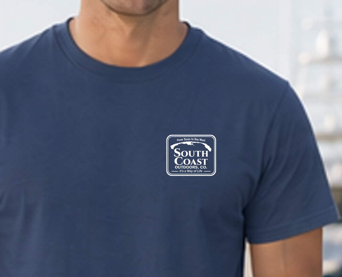Navy blue crewneck T-shirt with small rectangle logo detail on chest