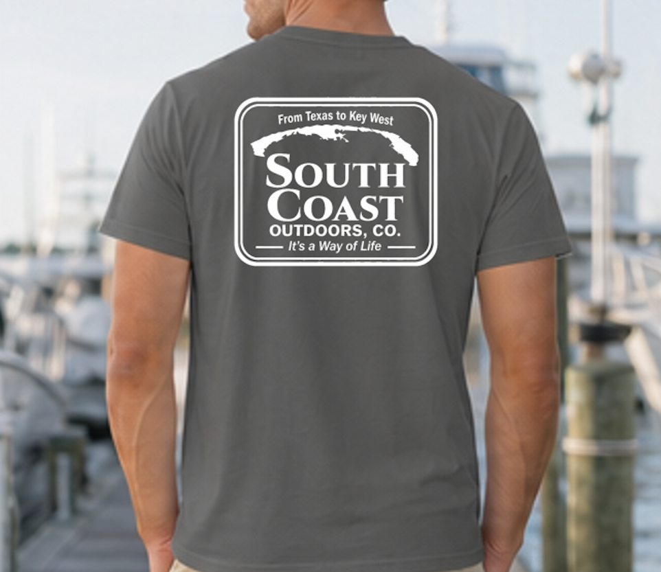 Dark gray T-shirt with large rectangular South Coast Outdoors logo on the back