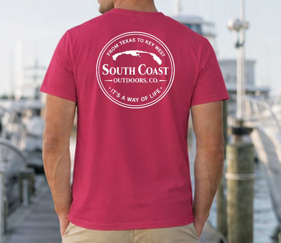 Men's red T-shirt with back circle logo graphic