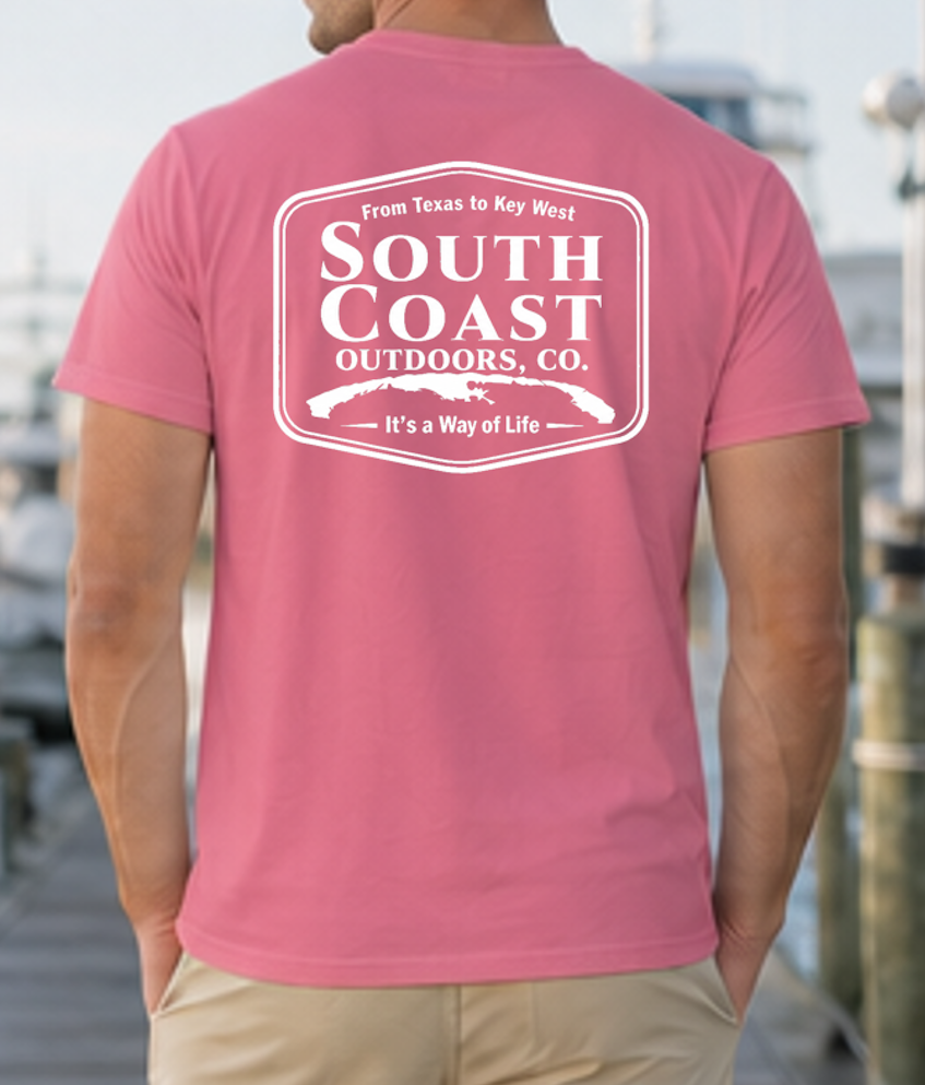 Logo badge graphic t-shirt, pink; back print with South Coast Outdoors logo badge