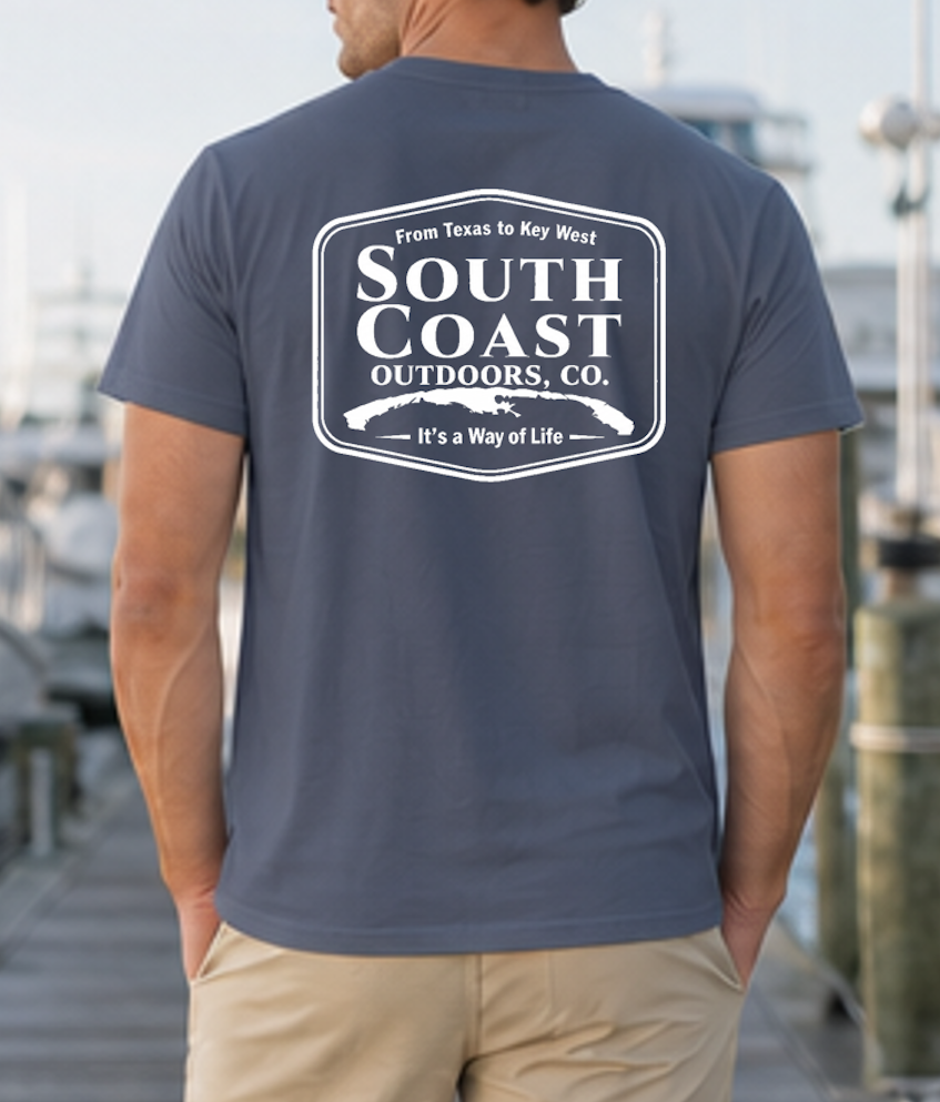 Logo badge graphic t-shirt, navy blue; back print with South Coast Outdoors logo badge