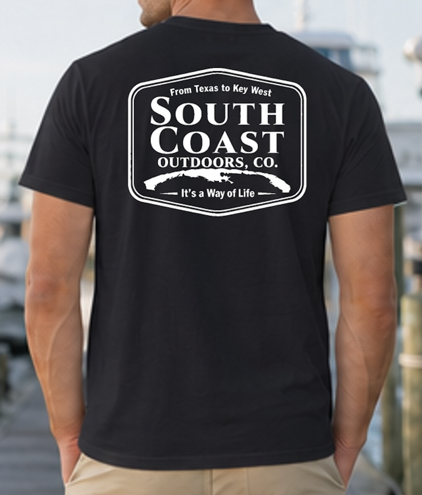 Logo badge graphic t-shirt, black; back print with South Coast Outdoors logo badge