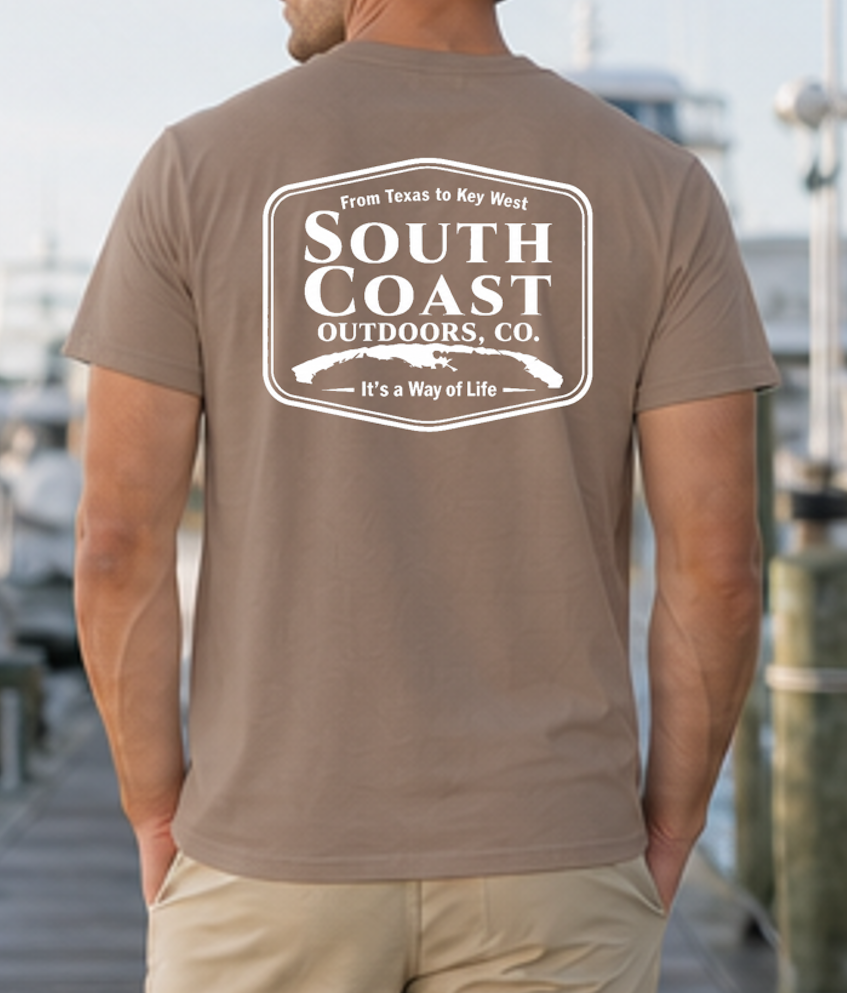 Men's brown South Coast Outdoors logo t-shirt, back oval badge graphic