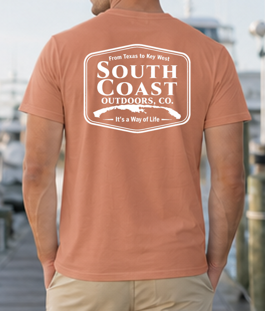 Logo badge graphic t-shirt, burnt orange; back print with South Coast Outdoors logo badge