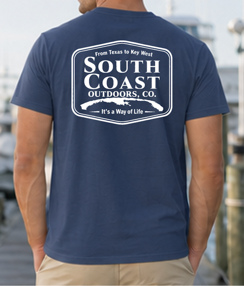 Men's navy South Coast Outdoors logo t-shirt, back oval badge graphic