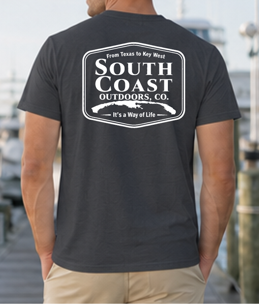 Men's black South Coast Outdoors logo t-shirt, back oval badge graphic