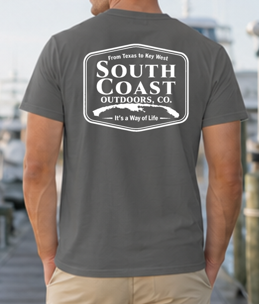 Logo badge graphic t-shirt, dark gray; back print with South Coast Outdoors logo badge