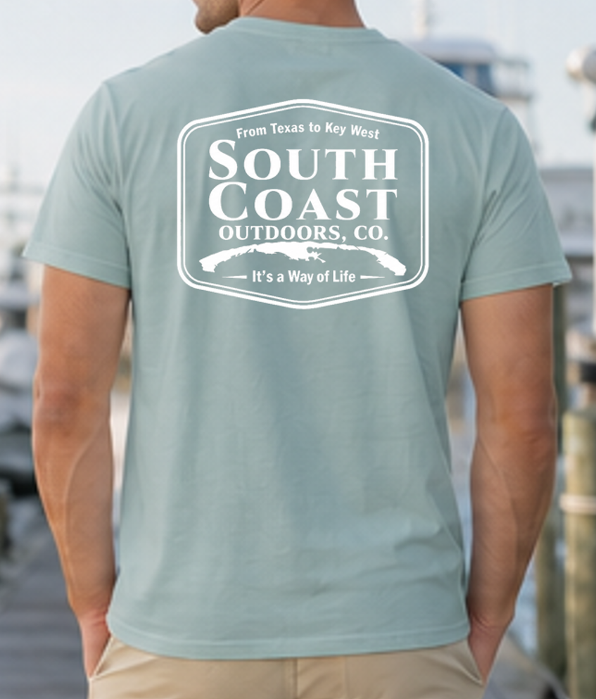 Logo badge graphic t-shirt, seafoam green; back print with South Coast Outdoors logo badge
