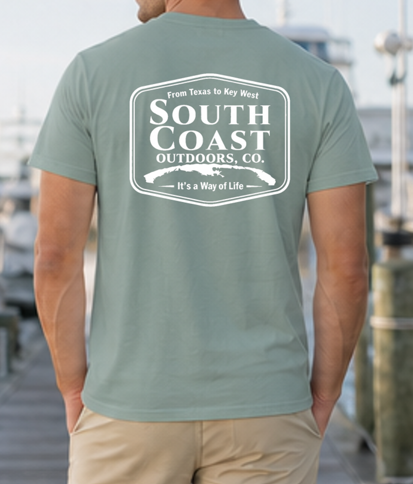 Men's dusty green South Coast Outdoors logo t-shirt, back oval badge graphic