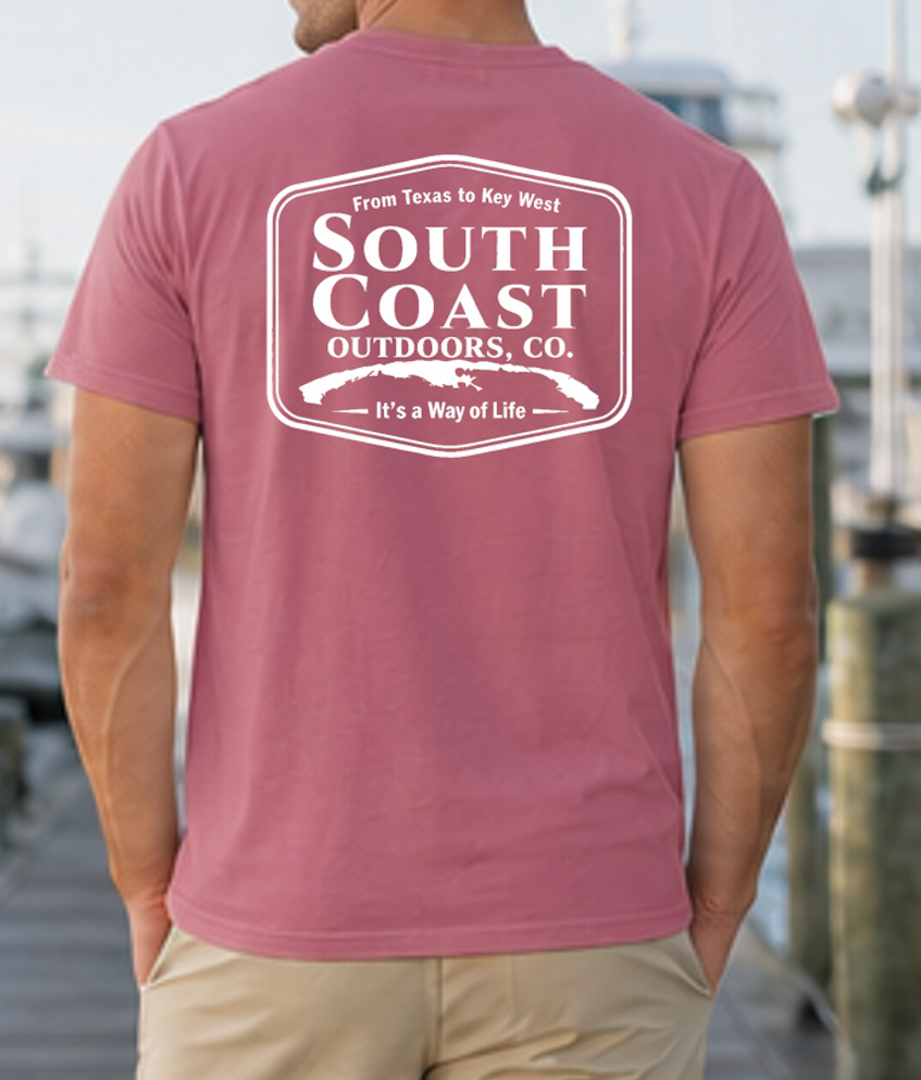Logo badge graphic t-shirt, mauve pink; back print with South Coast Outdoors logo badge