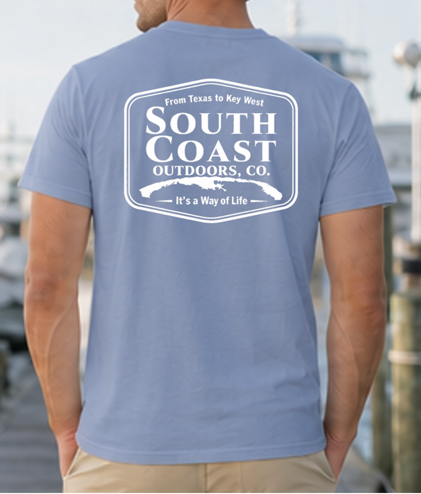 Men's blue South Coast Outdoors logo t-shirt, back oval badge graphic