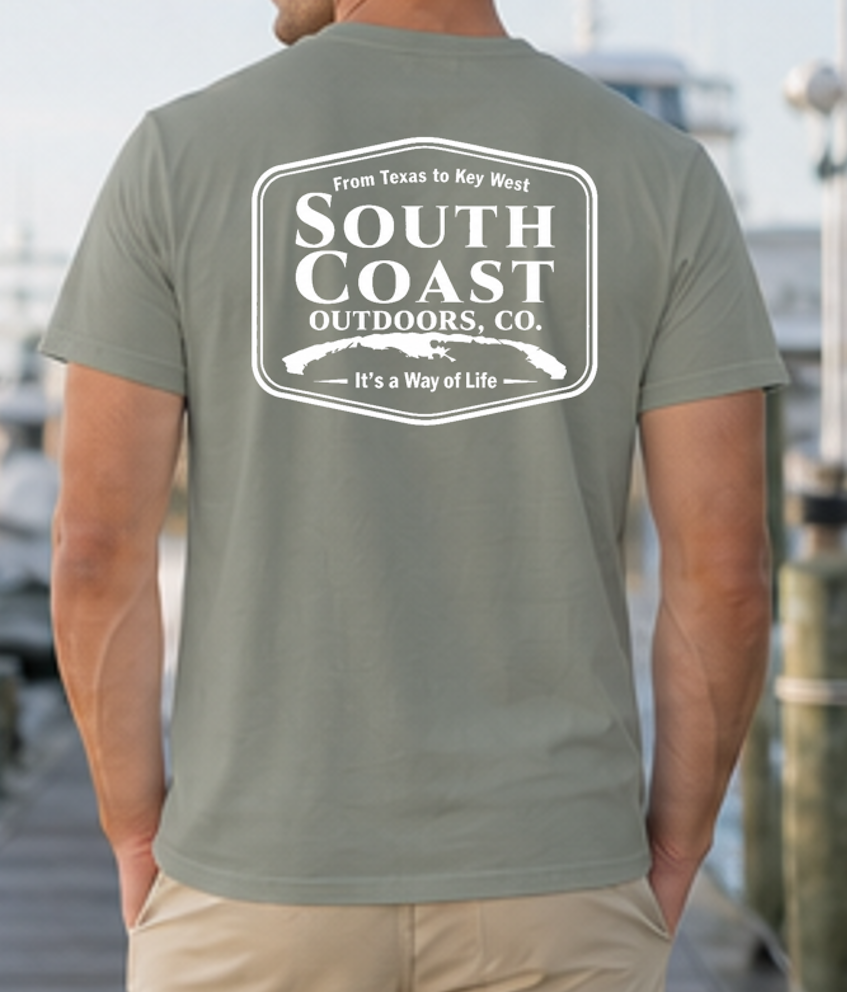 Men's light green South Coast Outdoors logo t-shirt, back oval badge graphic