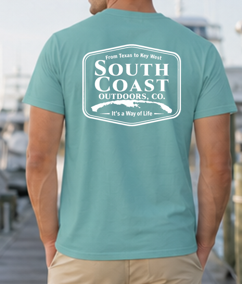 Logo badge graphic t-shirt, teal; back print with South Coast Outdoors logo badge