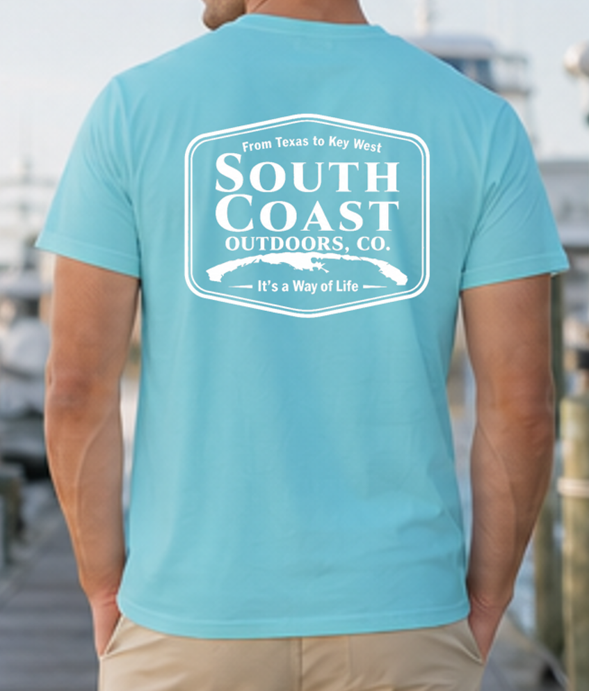Logo badge graphic t-shirt, light blue; back print with South Coast Outdoors logo badge