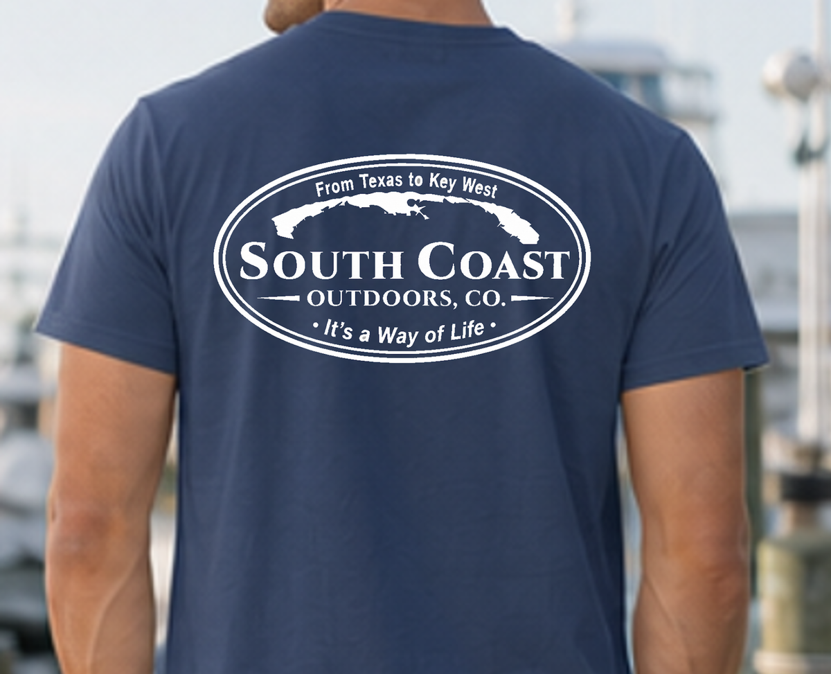 Navy blue T-shirt with large oval South Coast Outdoors back logo