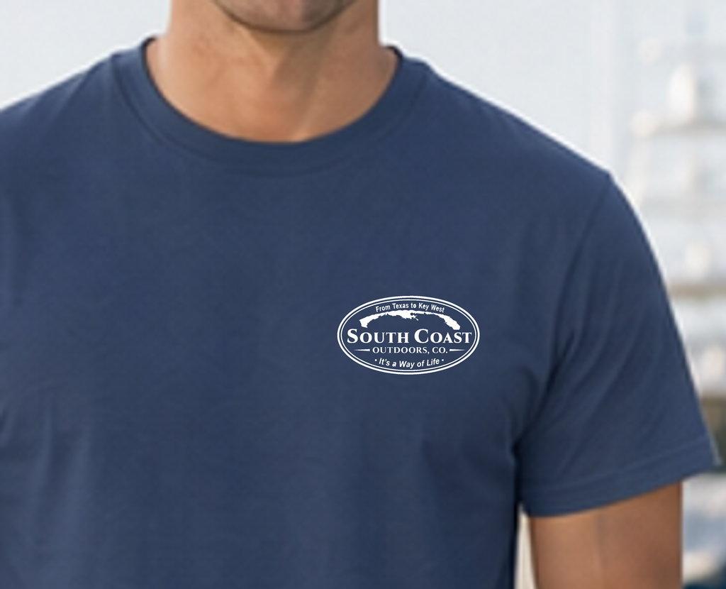 Navy blue T-shirt with small oval South Coast Outdoors front logo