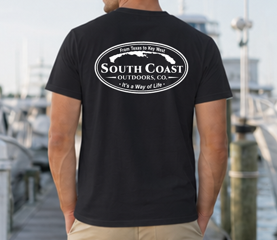 Black t-shirt with oval South Coast Outdoors logo graphic on back