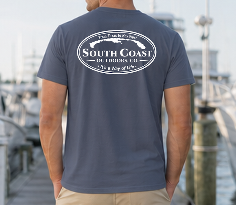 Navy blue t-shirt with oval South Coast Outdoors logo graphic on back