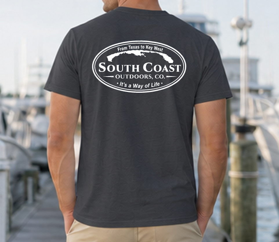 Dark t-shirt with oval South Coast Outdoors logo graphic on back