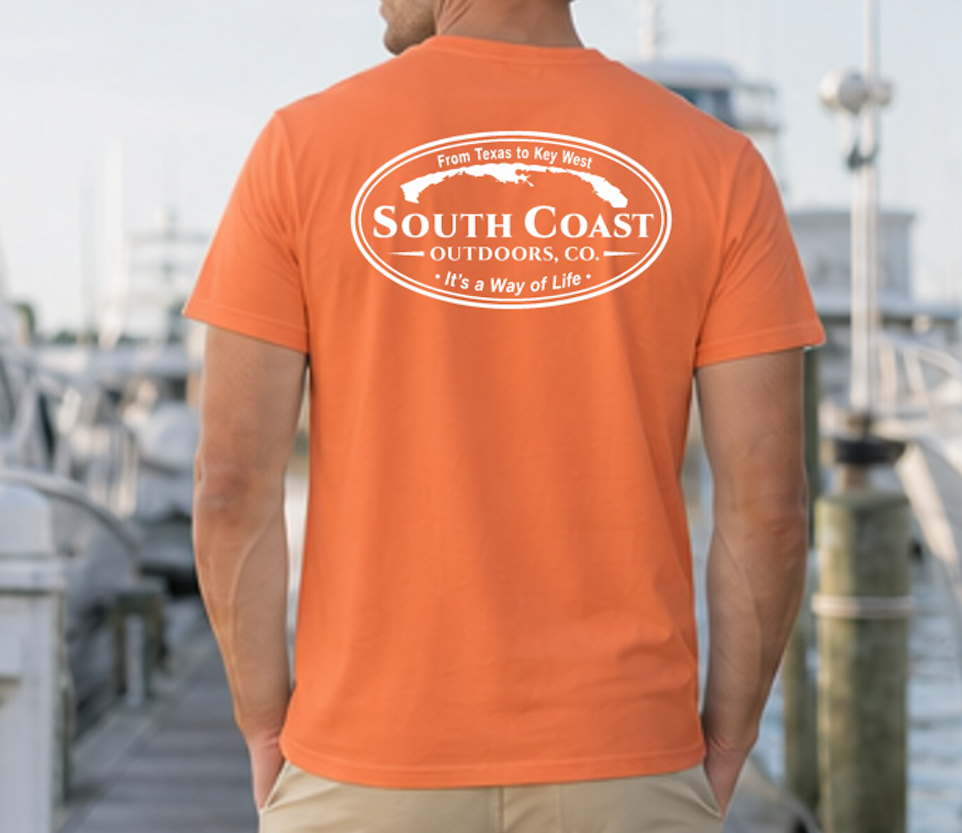 Burnt orange t-shirt with oval South Coast Outdoors logo graphic on back