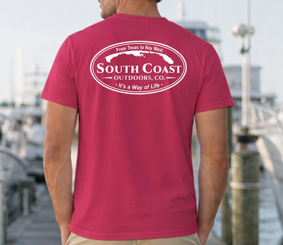Magenta t-shirt with oval South Coast Outdoors logo graphic on back