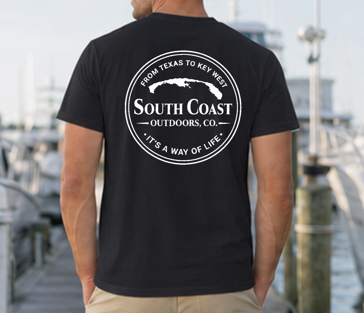 Black crewneck T-shirt, round South Coast logo centered on back