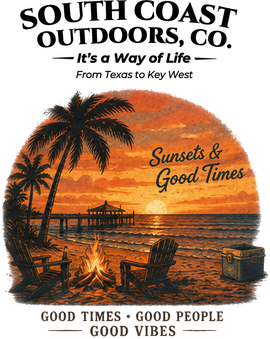 White graphic T-shirt with circular sunset beach print: Sunsets & Good Times