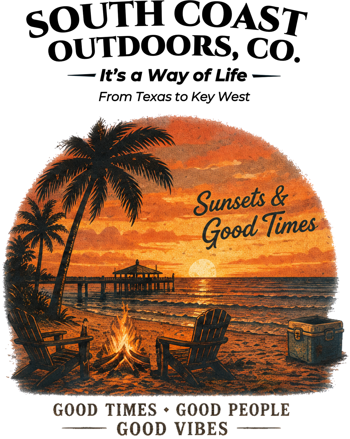 White graphic T-shirt with circular sunset beach print: Sunsets & Good Times