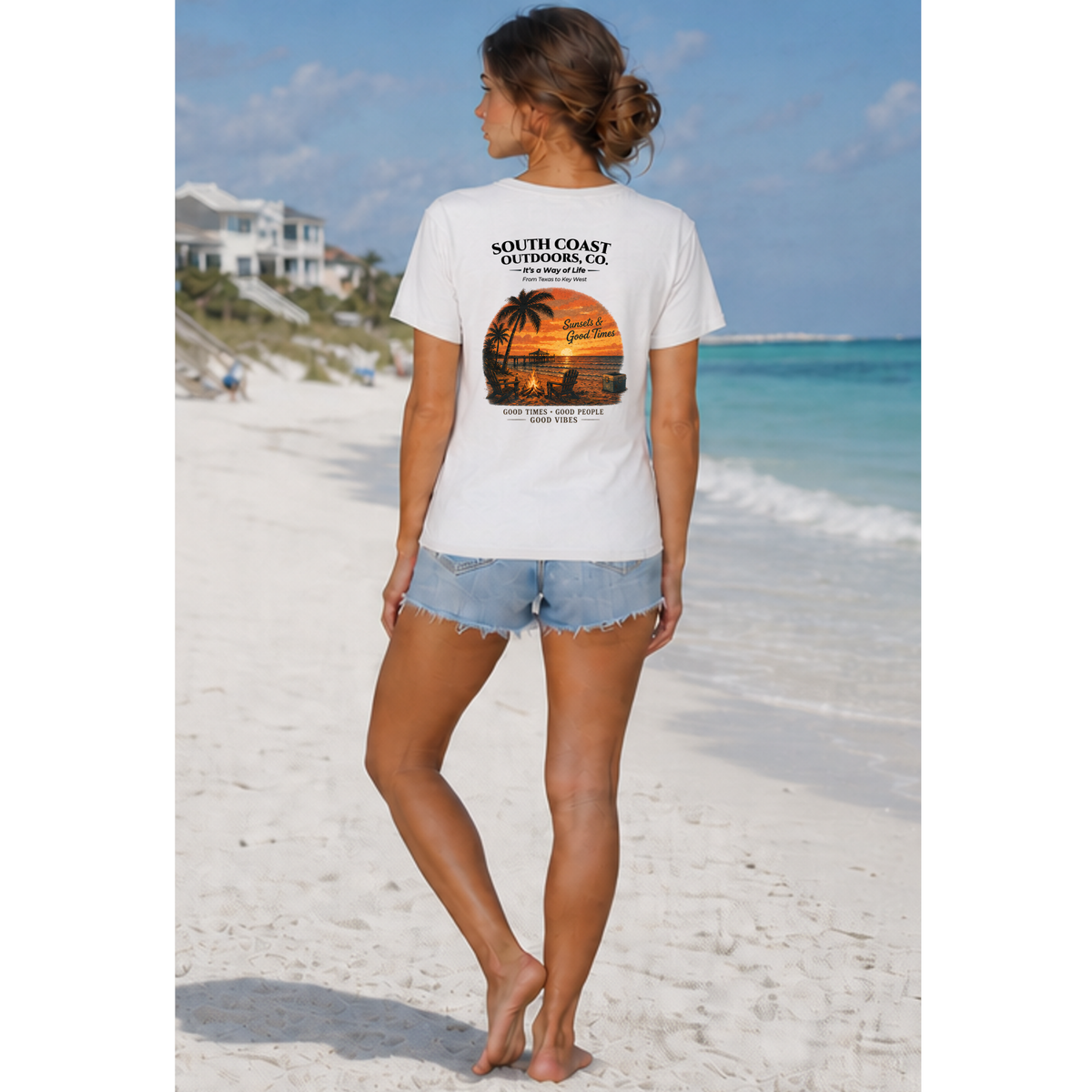 White T-shirt back view with circular sunset beach campfire graphic