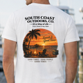 White T-shirt back close-up with South Coast Outdoors, Co. and sunset graphic