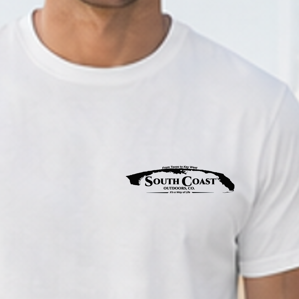 White T-shirt chest logo: South Coast Outdoors, Co. with small tagline