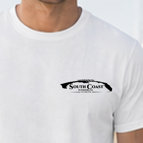 White T-shirt chest logo: South Coast Outdoors, Co. with small tagline