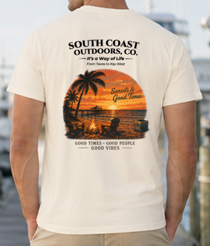 Ivory T-shirt with back graphic showing palms and sunset over a campfire