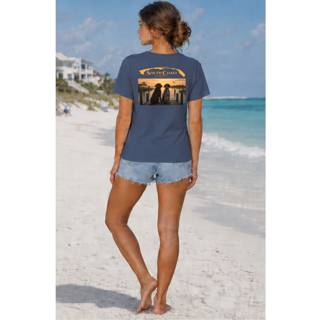 Navy blue T-shirt with two-dog graphic on back, crew neck