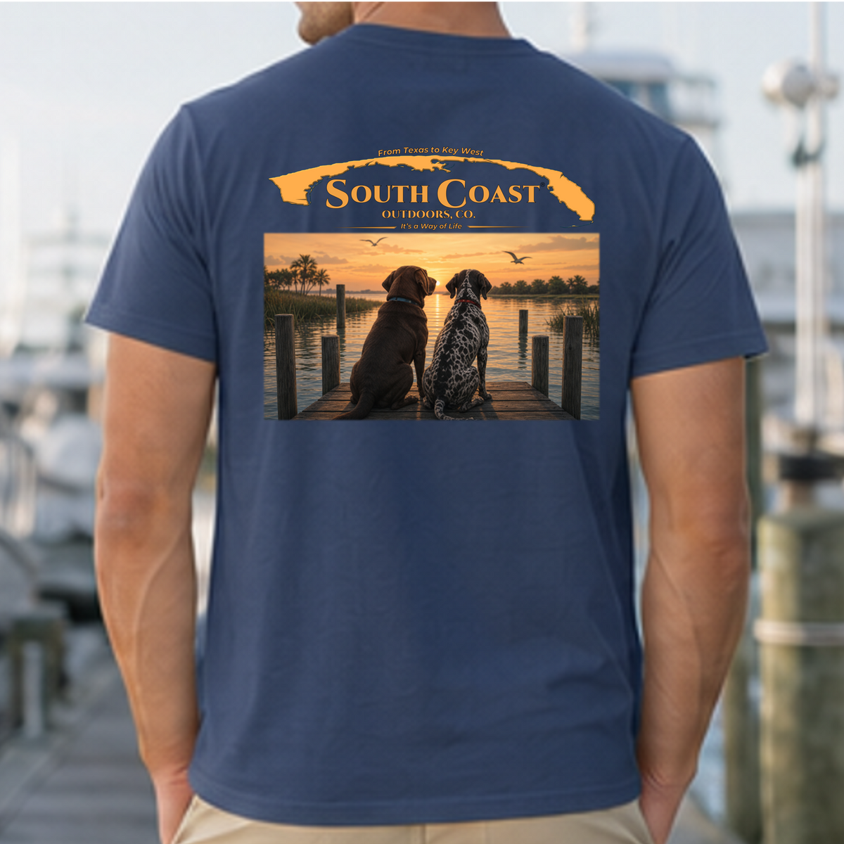 Navy blue crewneck T-shirt with large two-dog graphic on back