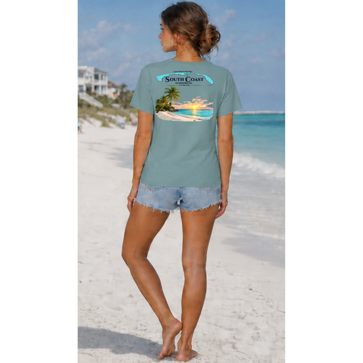 Light blue short-sleeve crewneck t-shirt with coastal back graphic