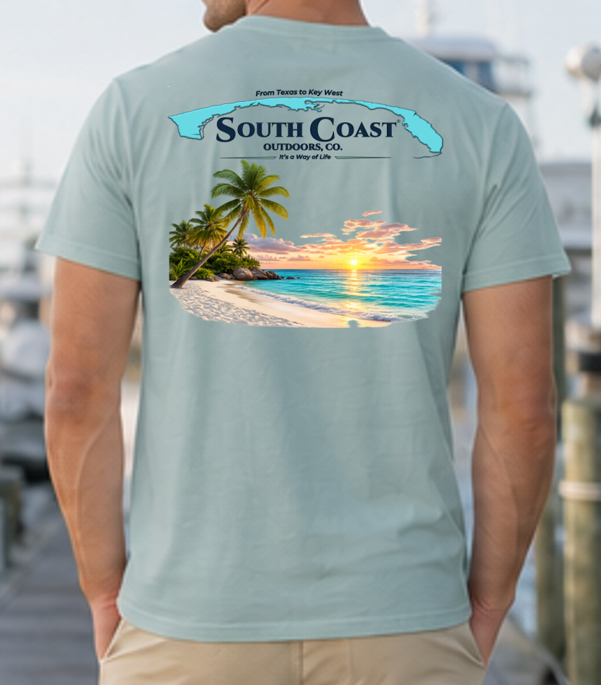 Men's teal graphic t-shirt with palm tree sunset beach print on back